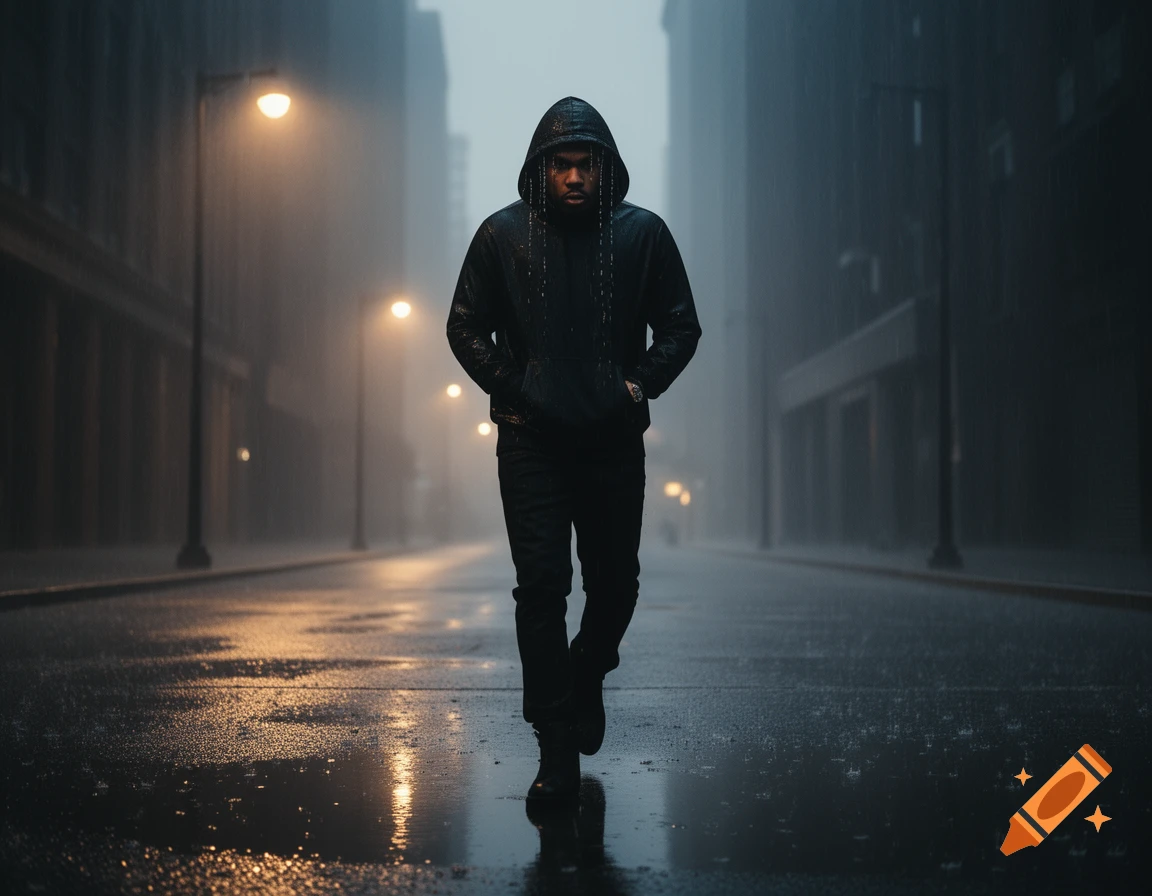 A man in a dark hoodie walks down a rainy, wet city street at night, illuminated by streetlights.