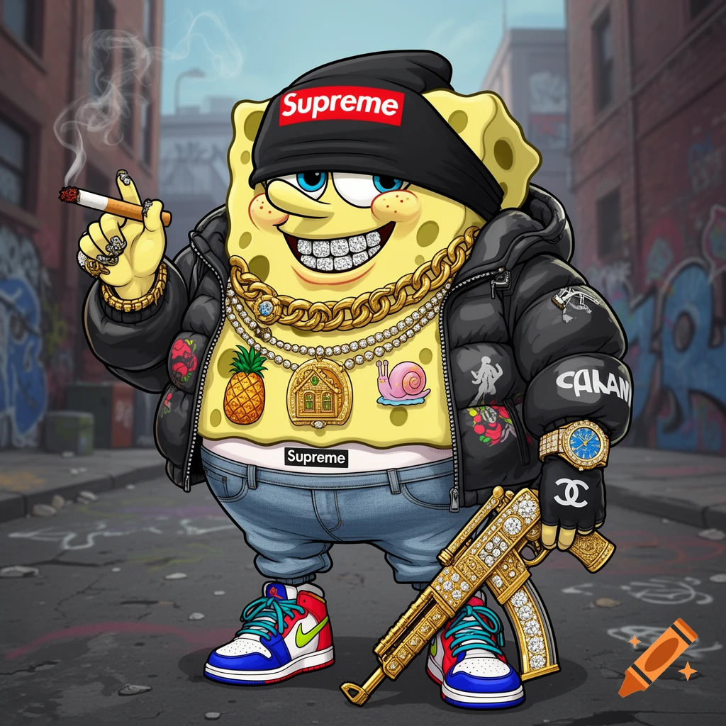SpongeBob SquarePants cartoon character wearing a beanie, gold chains, puffer jacket, sagging jeans, sneakers, smoking a cigarette, and holding a diamond-encrusted gold shotgun.