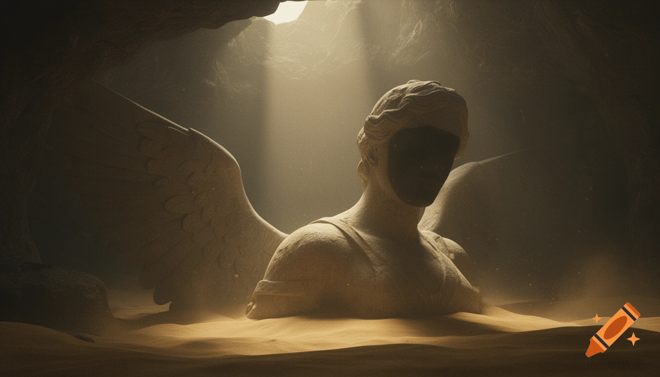 Giant winged stone statue, face obscured, half-buried in sand in a dark cavern, lit from above.