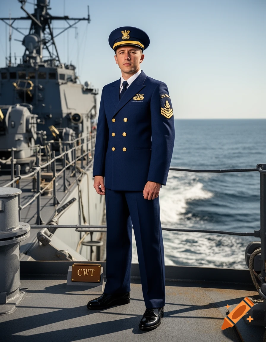 A photorealistic portrait of a man in a U.S. Navy dress uniform standing on a ship's deck.