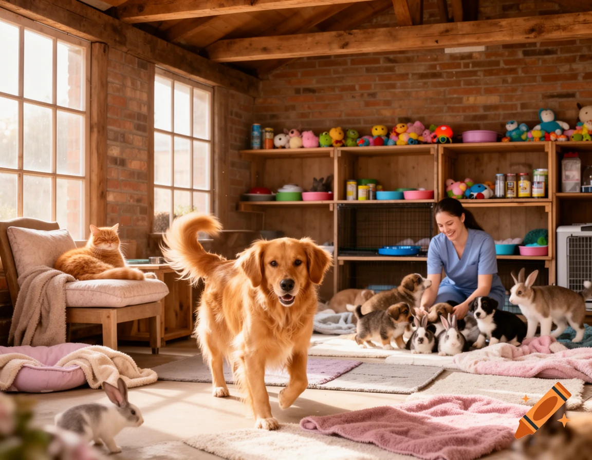 A golden retriever walks in an animal shelter as a woman cares for puppies and rabbits, with a cat lounging on a chair.