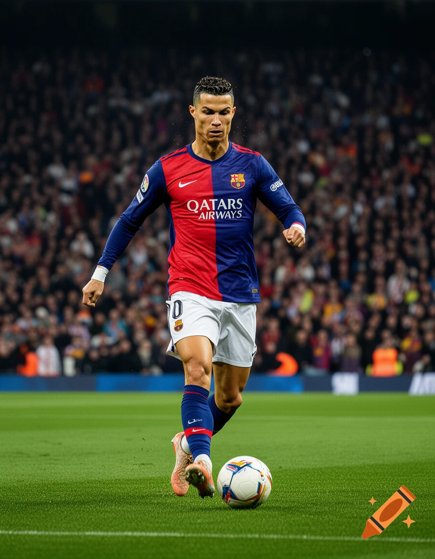 Cristiano Ronaldo in a red and blue soccer jersey, number 10, dribbling a ball on a green field in a stadium.