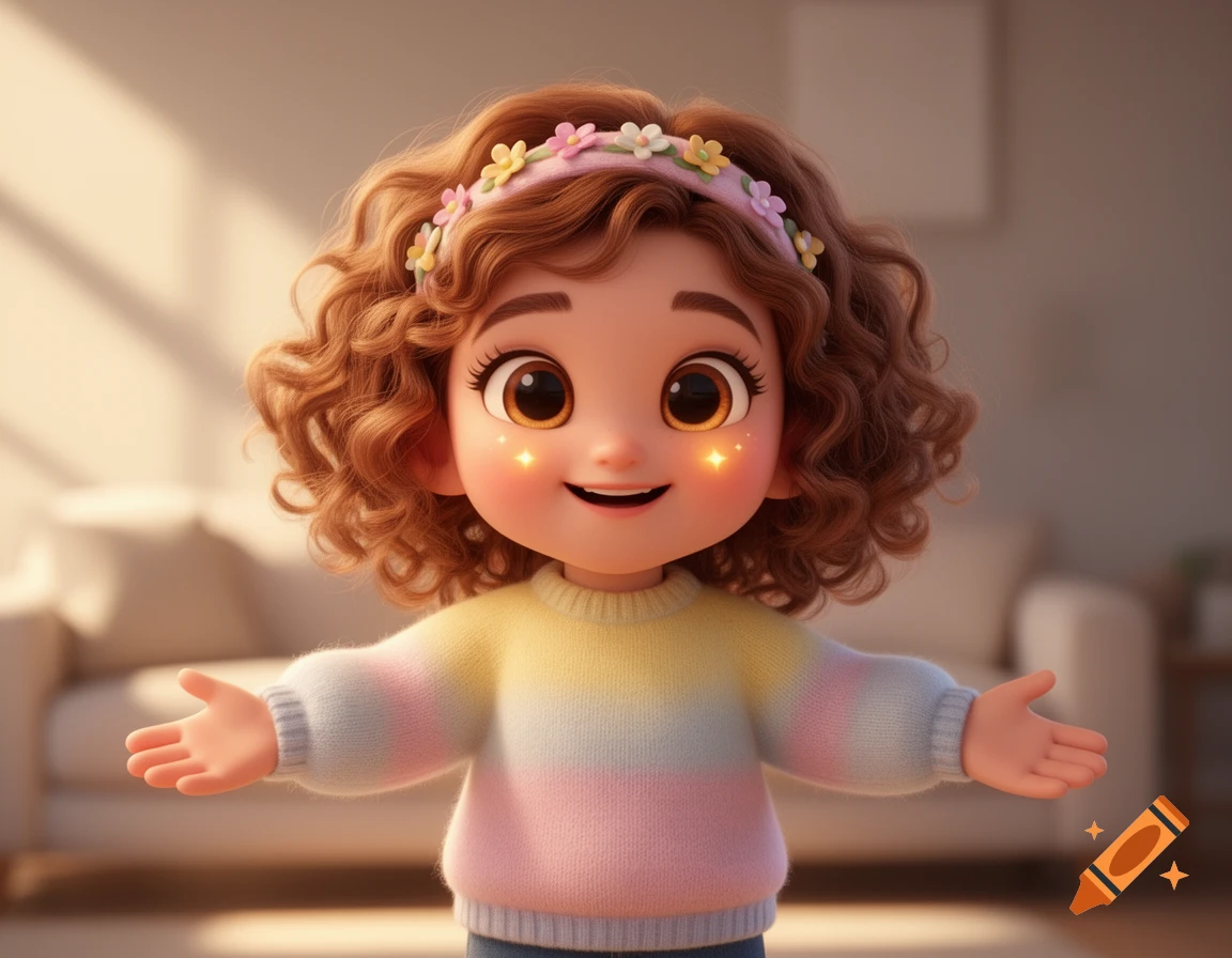 A cute 3D animated character with curly brown hair, a flower headband, and a rainbow sweater smiles with open arms in a soft indoor setting.