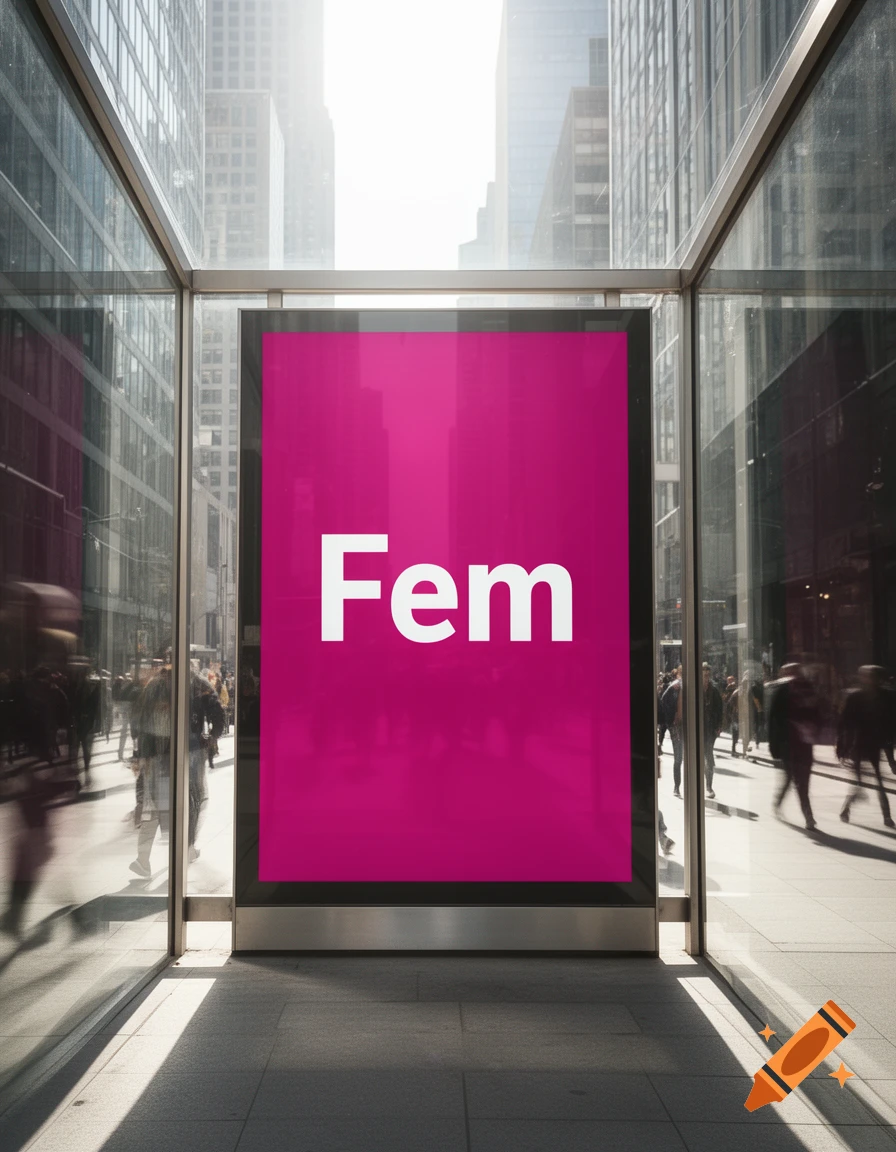 A vibrant pink billboard displaying "Fem" in white font stands prominently in a bustling city street, surrounded by glass buildings and blurred figures.