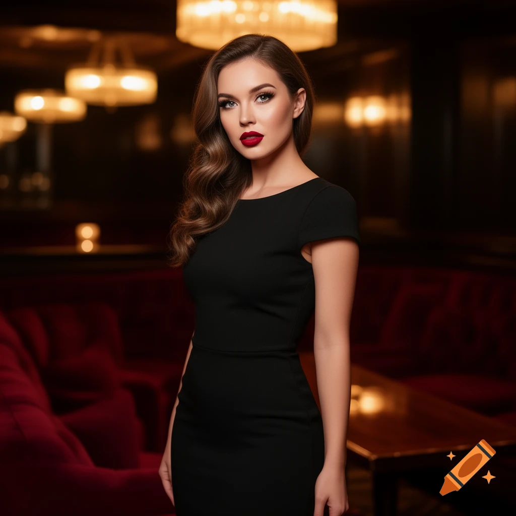 Photorealistic portrait of an elegant woman in a black dress standing in a dimly lit, luxurious bar.