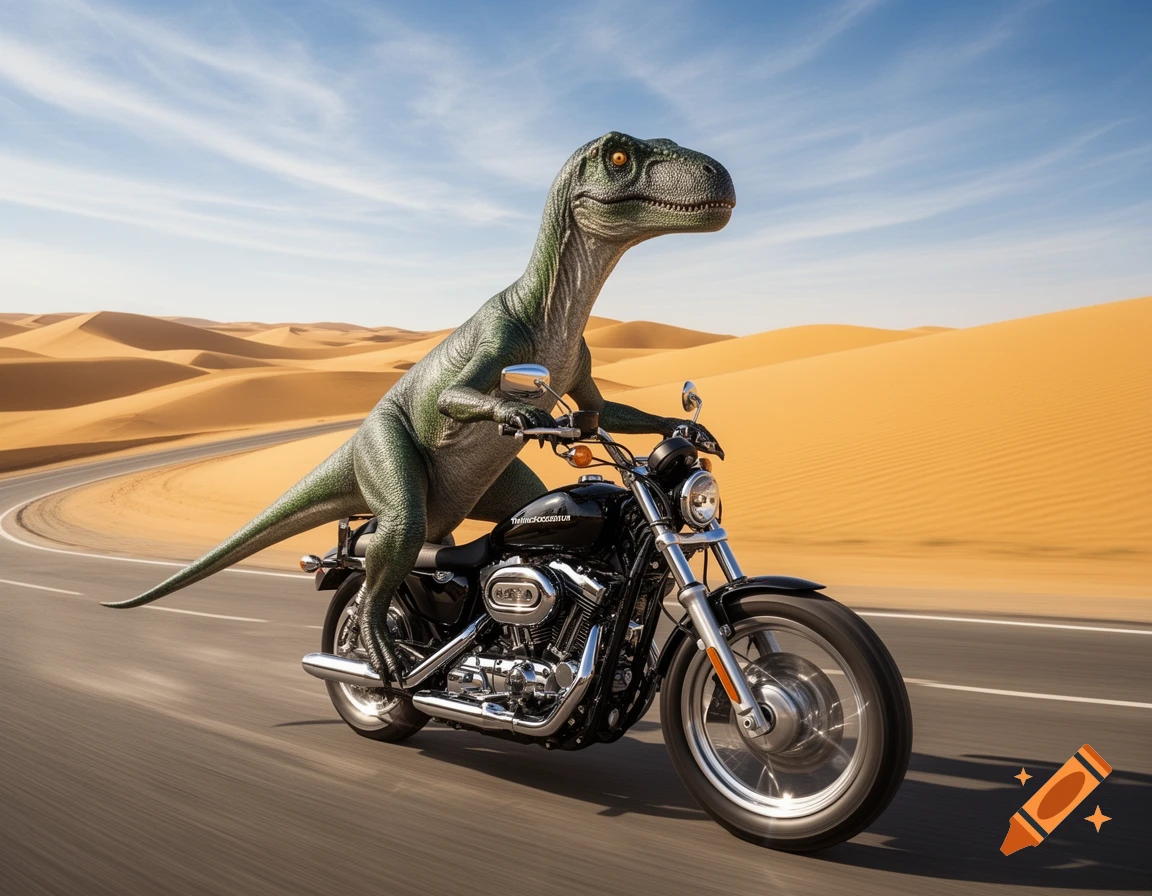 A photorealistic green dinosaur rides a black motorcycle on a winding desert road under a blue sky.