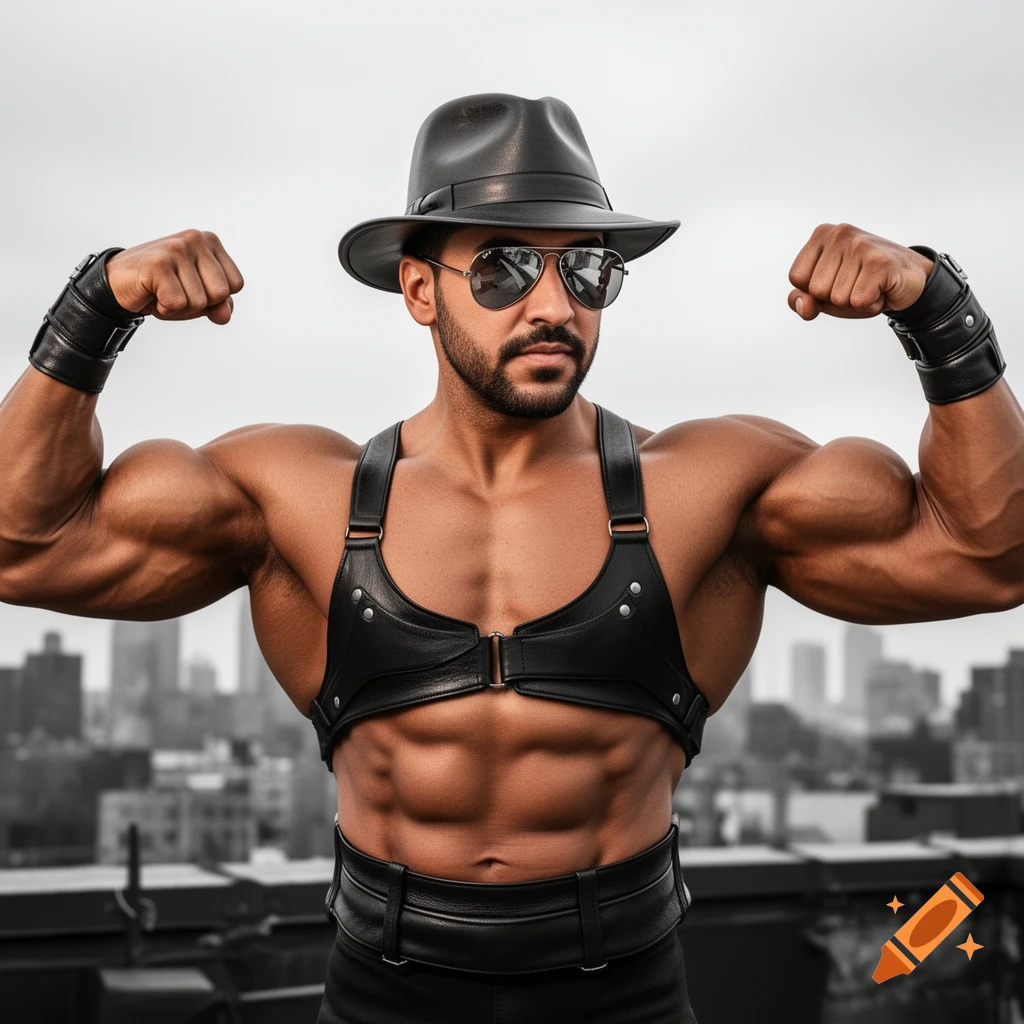A muscular man in a black leather harness, hat, and sunglasses flexes his biceps on a city rooftop, photorealistic style.