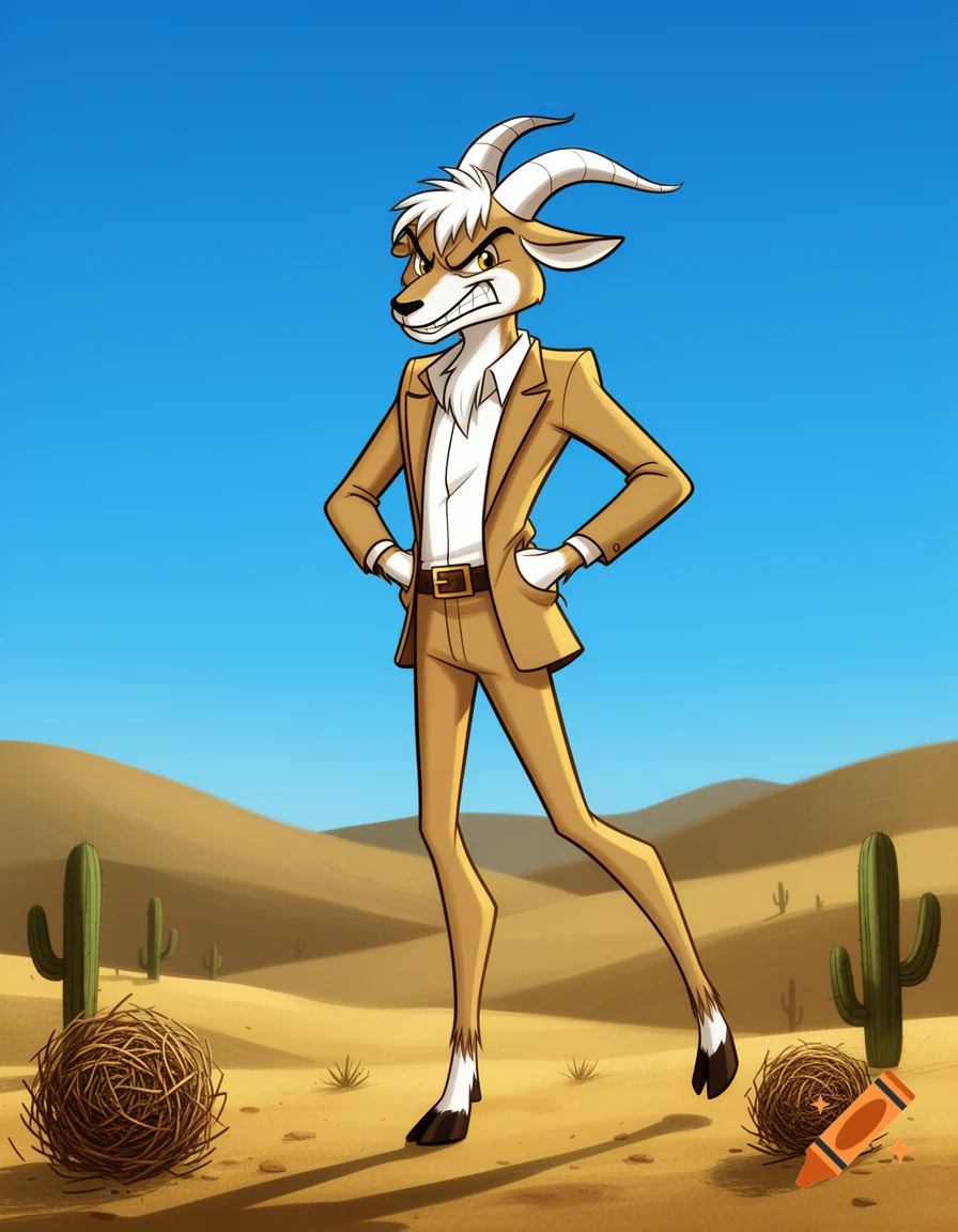 An anthropomorphic tan male goat in a brown suit, clenching teeth, stands in a desert with cacti and tumbleweeds in western animation style.