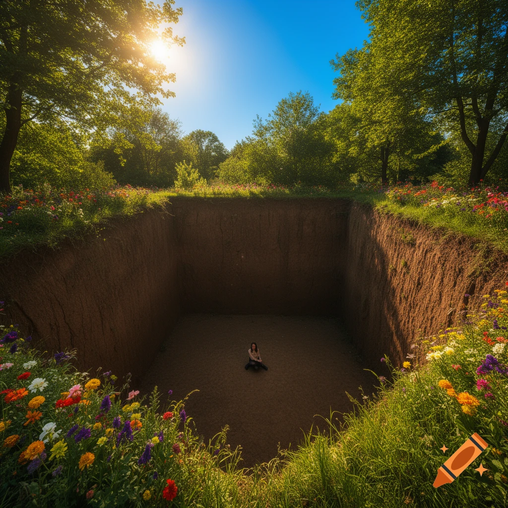 A small person sits at the bottom of a deep square pit, surrounded by vibrant flowers and green trees under a bright sunny sky.