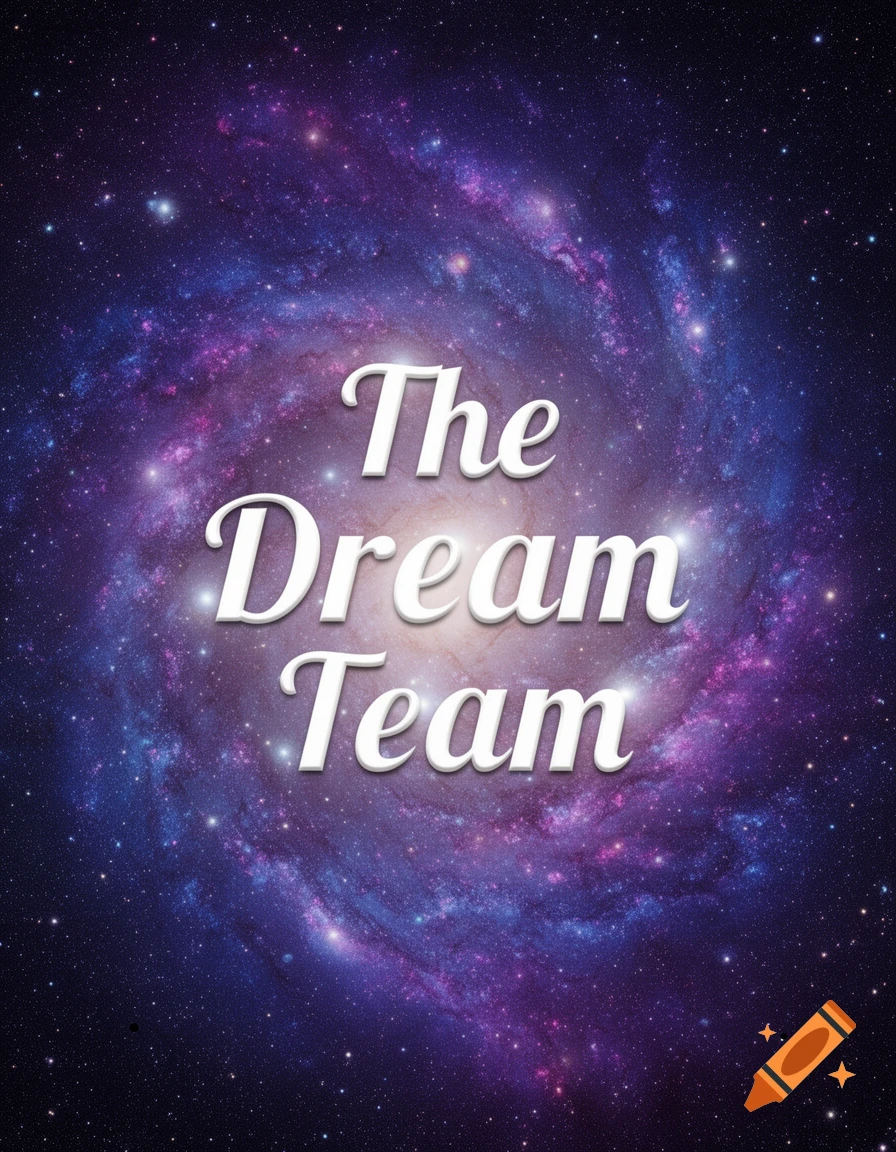 White script text 'The Dream Team' centered on a vibrant purple and blue galaxy background with sparkling stars.