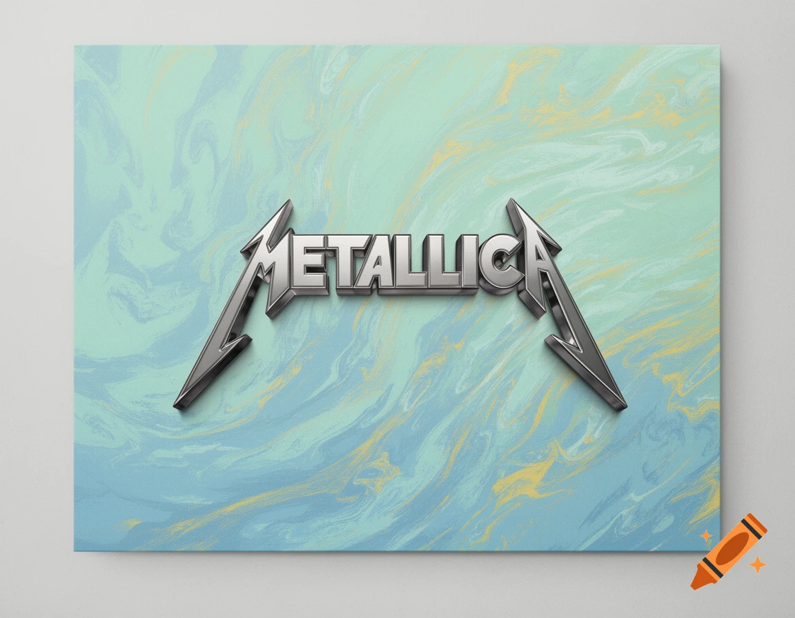 A 3D metallic Metallica logo floats over a marbled background of light blue, mint green, and dusky yellow.