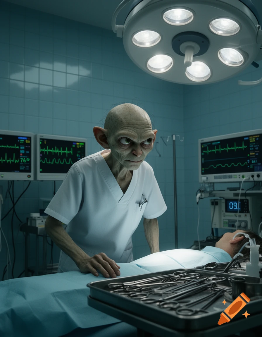 Photorealistic image of Gollum wearing a scrub, peering intensely over a patient on an operating table in a surgical room.