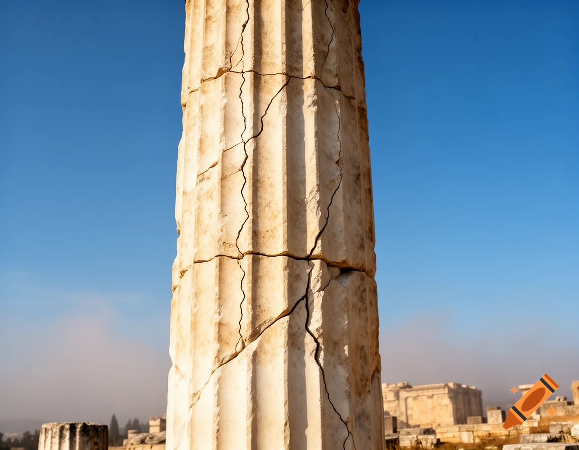 A close-up, photorealistic view of a cracked ancient stone Greek column against a clear blue sky, with distant ruins.