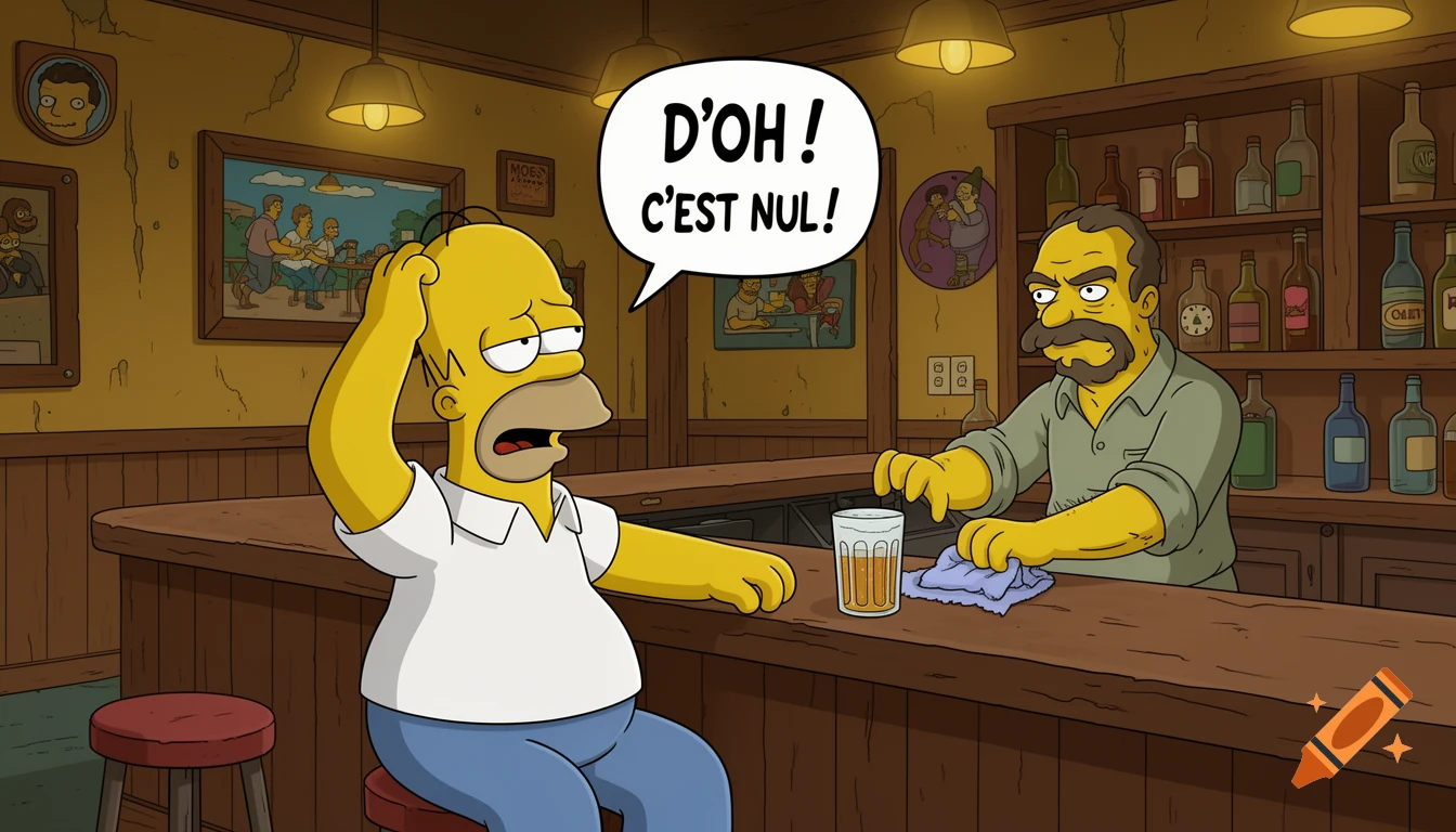 Homer Simpson scratches his head at Moe's Tavern, saying 'D'oh! C'est nul!', while Moe cleans the bar in cartoon style.