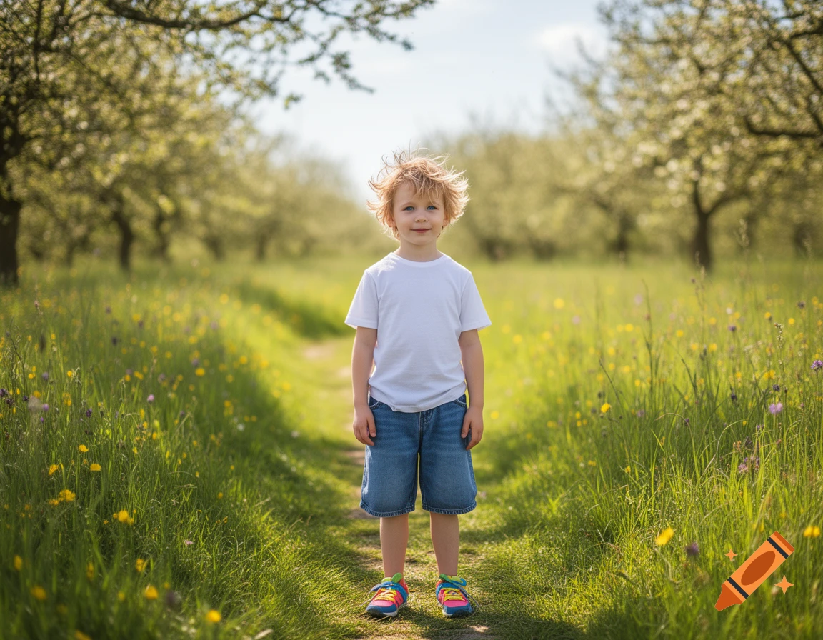 A young boy with blonde hair stands in a sunny, grassy field lined with blooming trees.