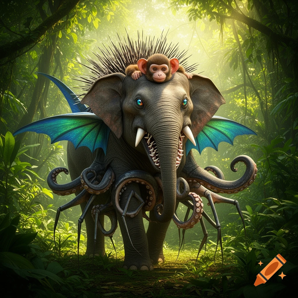 A whimsical hybrid creature with an elephant body, octopus tentacles, spider legs, porcupine quills, shark teeth, colorful wings, and a small monkey on its head stands in a lush, sunlit jungle.