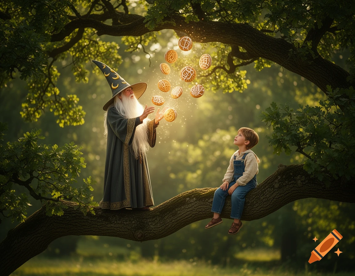 A wizard with a long beard conjures magical cookies in a sunlit forest while a boy sits on a tree branch, looking up.