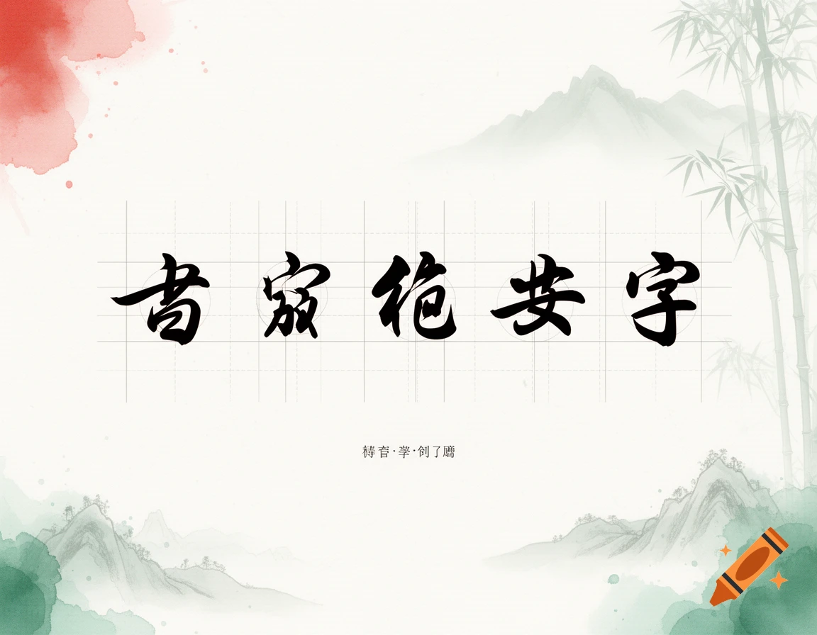 An elegant Chinese calligraphy learning page with large black characters on a white grid, surrounded by a subtle green and red ink wash landscape with bamboo.