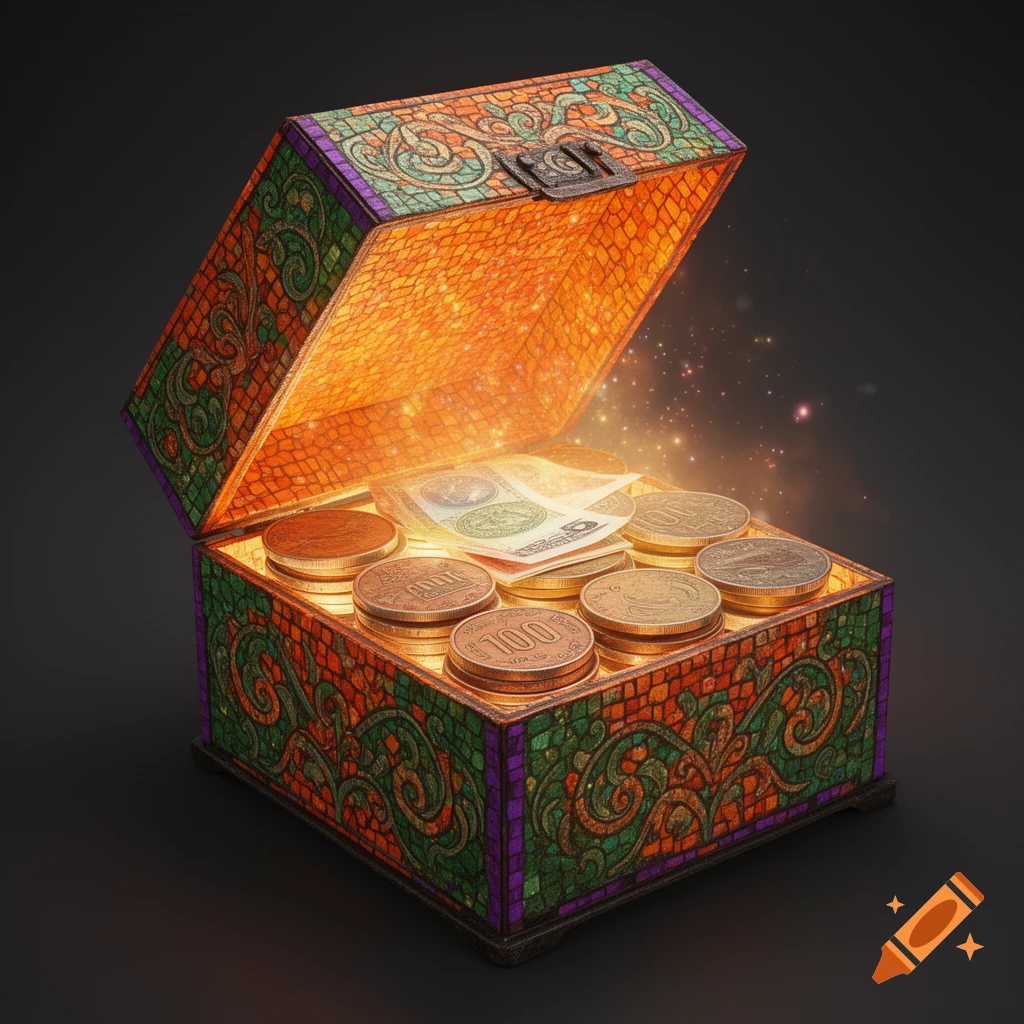 An ornate, colorful treasure box with orange, green, and purple mosaic patterns, glowing with a magical light from within, revealing stacks of gold coins and banknotes.
