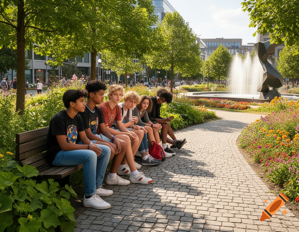 A group of diverse teenagers sits on a park bench next to a cobblestone path, with a fountain and colorful flowers in the background.
