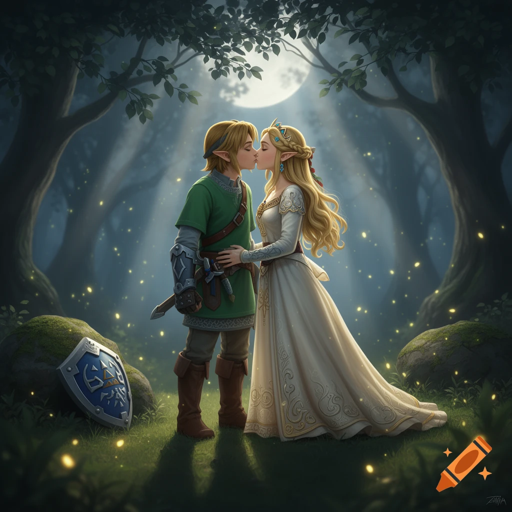 Link and Zelda kiss in an enchanted, moonlit forest with glowing fireflies. A Hylian shield rests on moss.