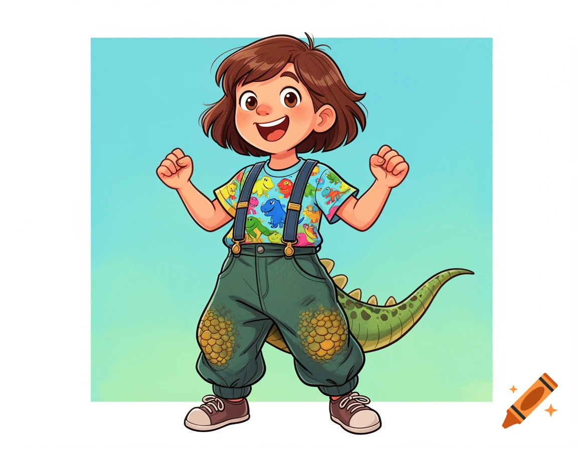 A cheerful cartoon girl in a dinosaur-print t-shirt, green suspender pants, and a green dinosaur tail, smiling with fists raised.