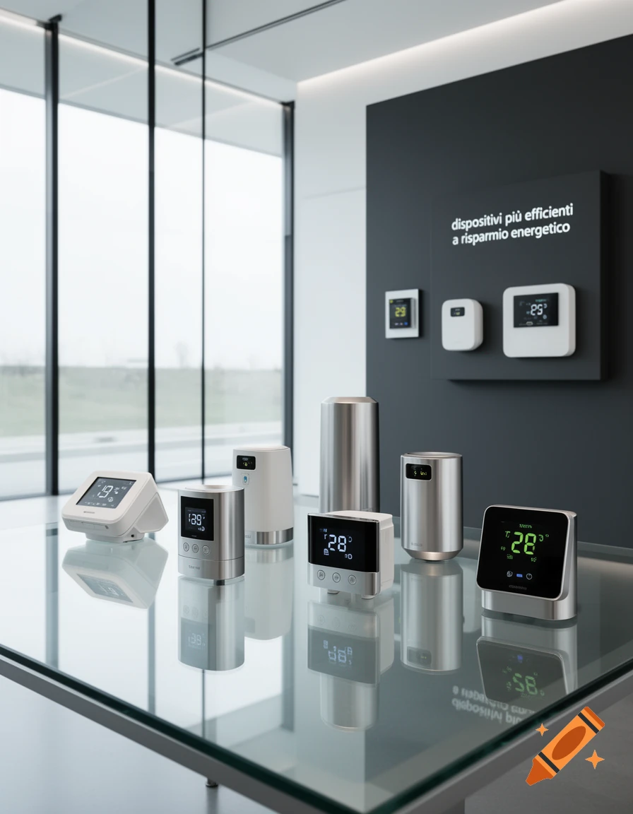 A collection of modern smart home devices, including thermostats and air purifiers, displayed on a glass table in a minimalist room.