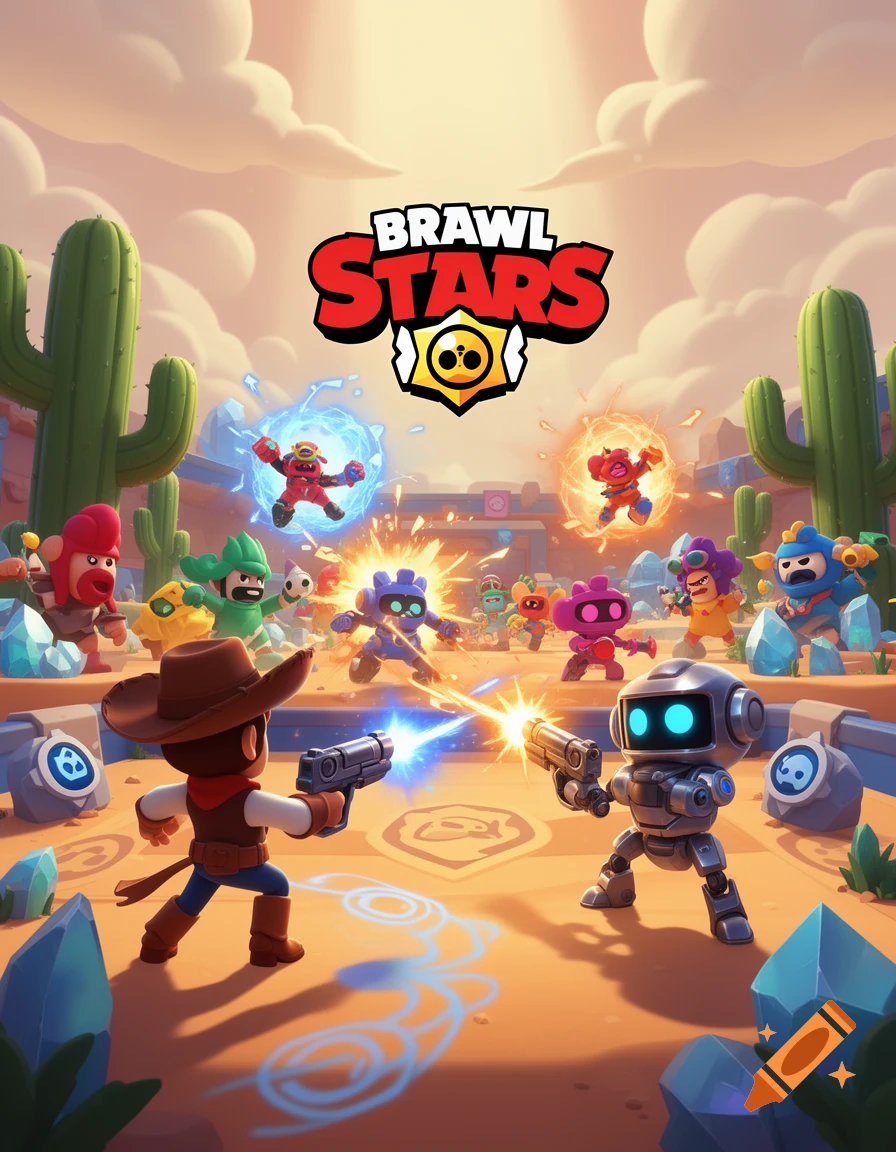 Brawl Stars logo over a desert arena where cartoon cowboy and robot characters shoot energy amidst a vibrant battle scene.