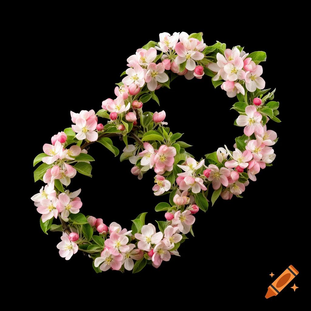 Pink and white apple blossoms on a curling vine against a solid black background.