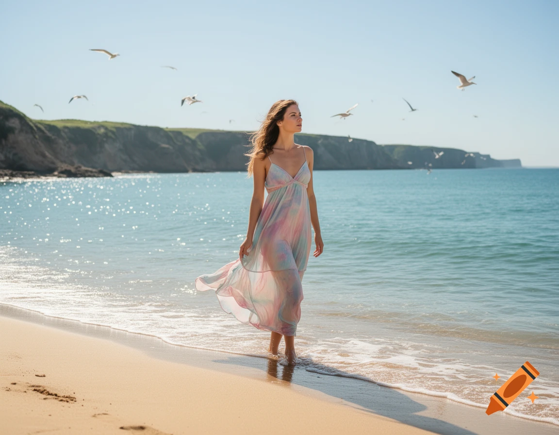 A woman in a flowing pastel dress walks barefoot along a sunny beach with seagulls flying overhead and cliffs in the background.