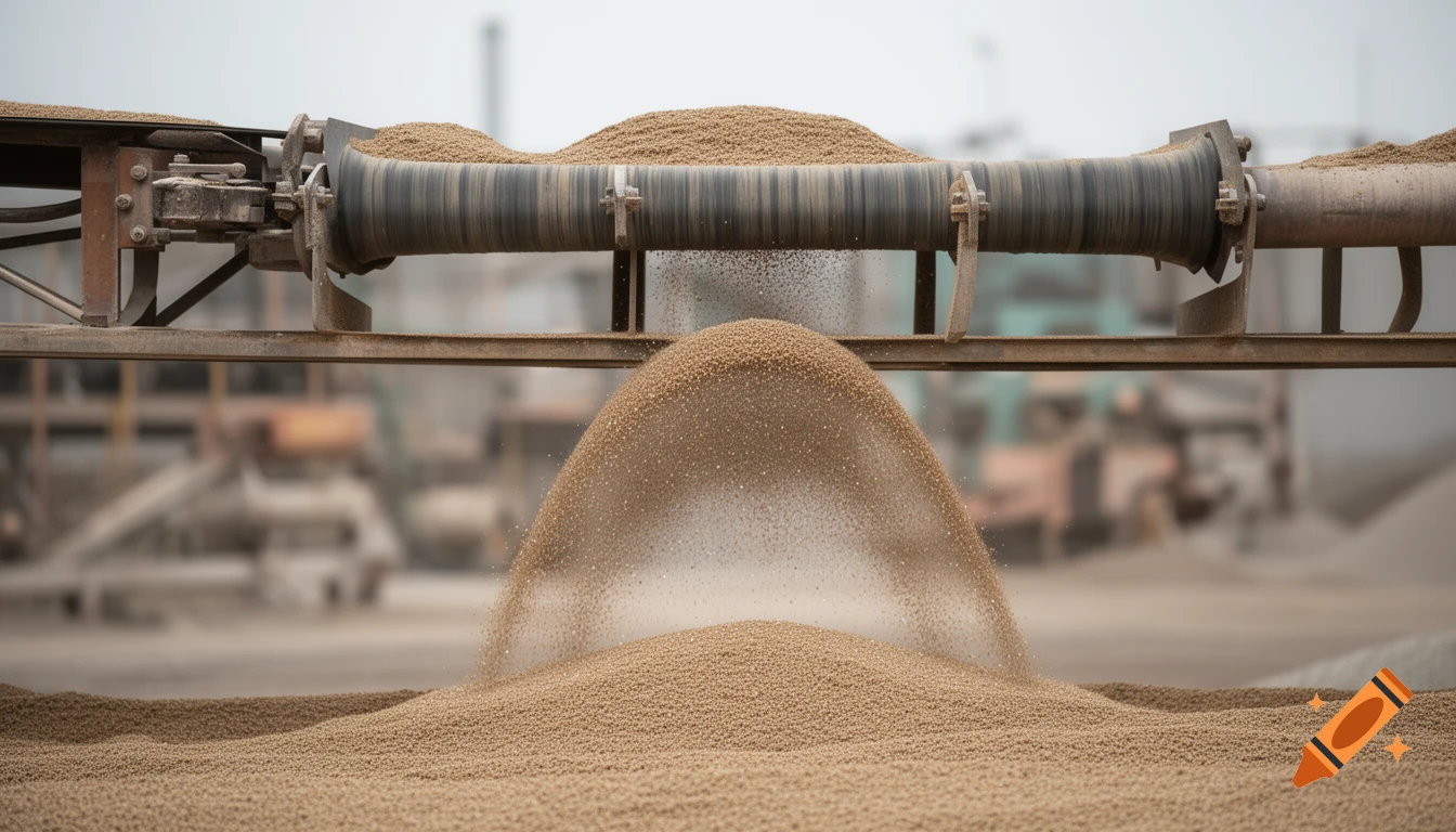 A conveyor belt horizontally drops granular material into a pile, forming an arc in an industrial setting.