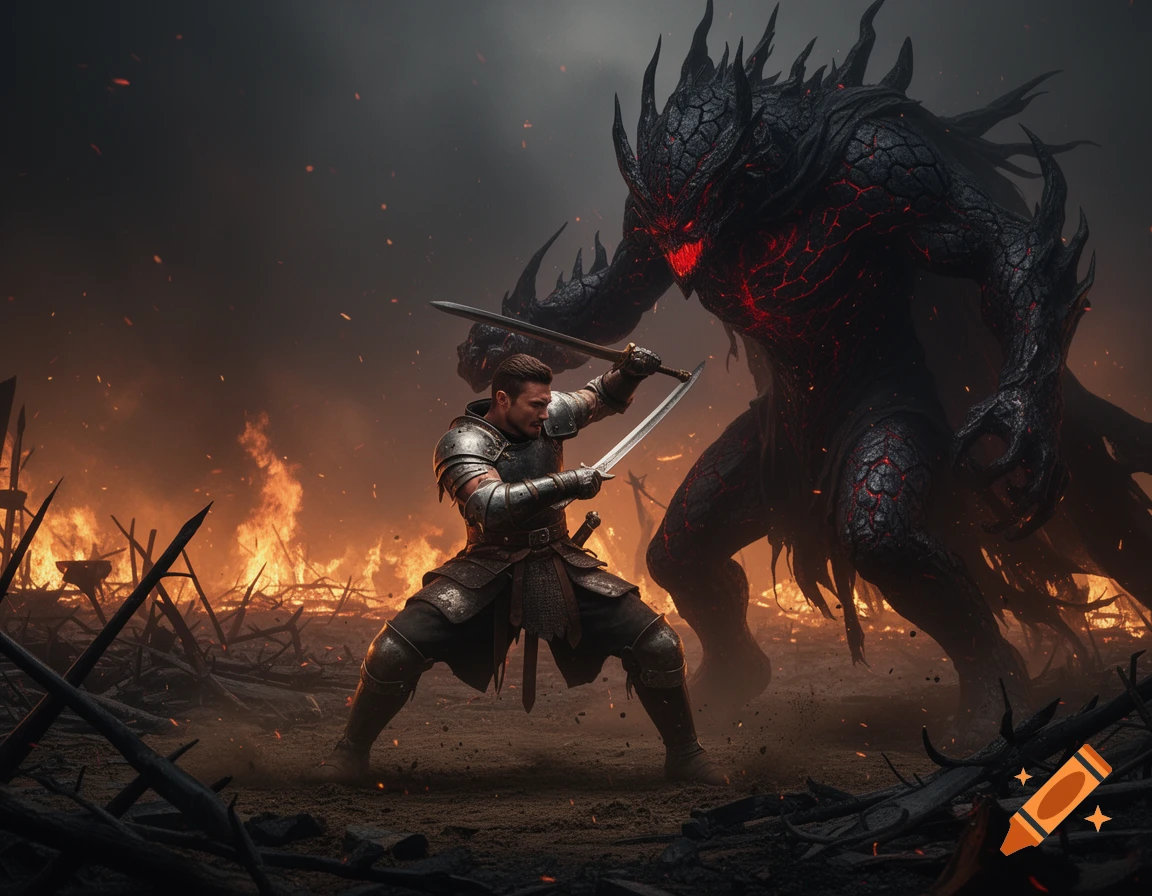A valiant knight battles a towering, red-cracked black demon in a fiery, war-torn landscape, rendered in a high fantasy style.
