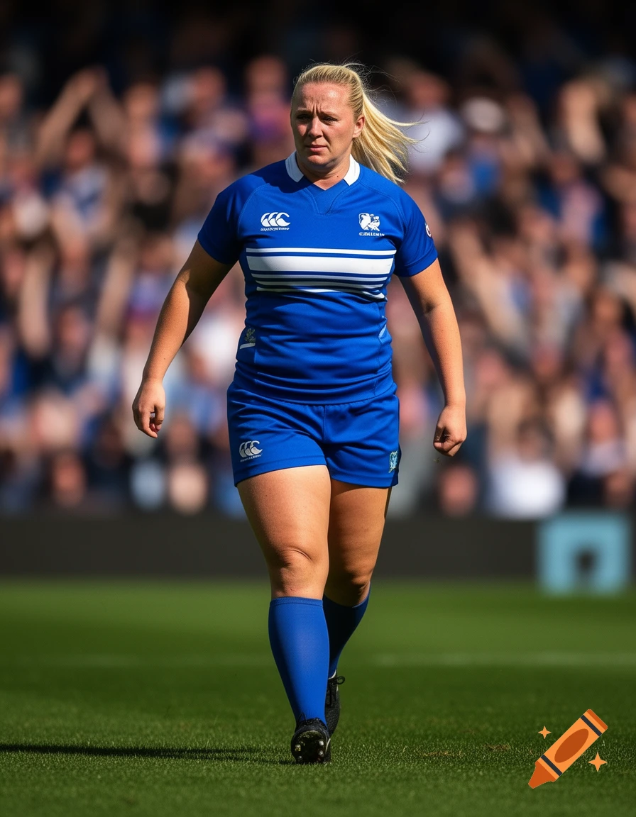 A blonde female rugby player in a blue jersey and shorts walks on a green field with spectators in the blurred background.