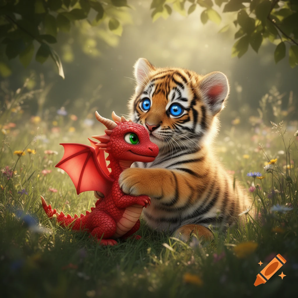 A cute tiger cub with bright blue eyes tightly hugs a small, red dragon with green eyes in a sunlit meadow.