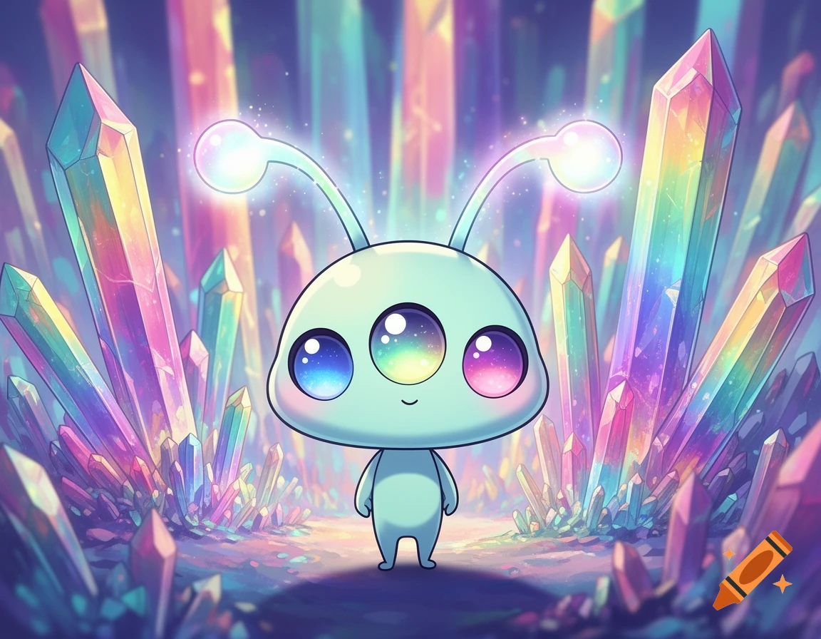 A cute chibi alien with three shiny eyes and glowing antennae stands in a vibrant, colorful crystal world, in an anime style.