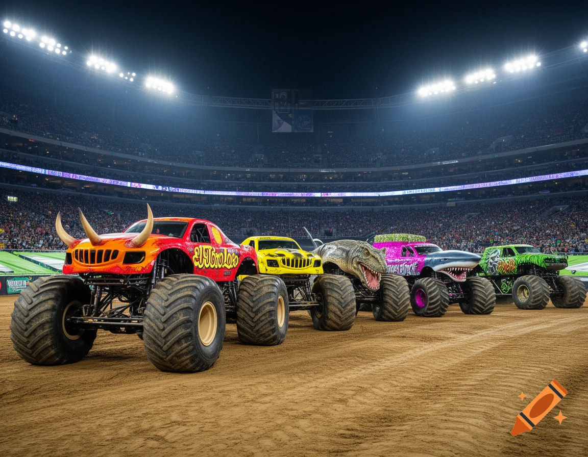 Five colorful monster trucks with themed bodies, including El Toro Loco and Megalodon, lined up in a brightly lit stadium at night.