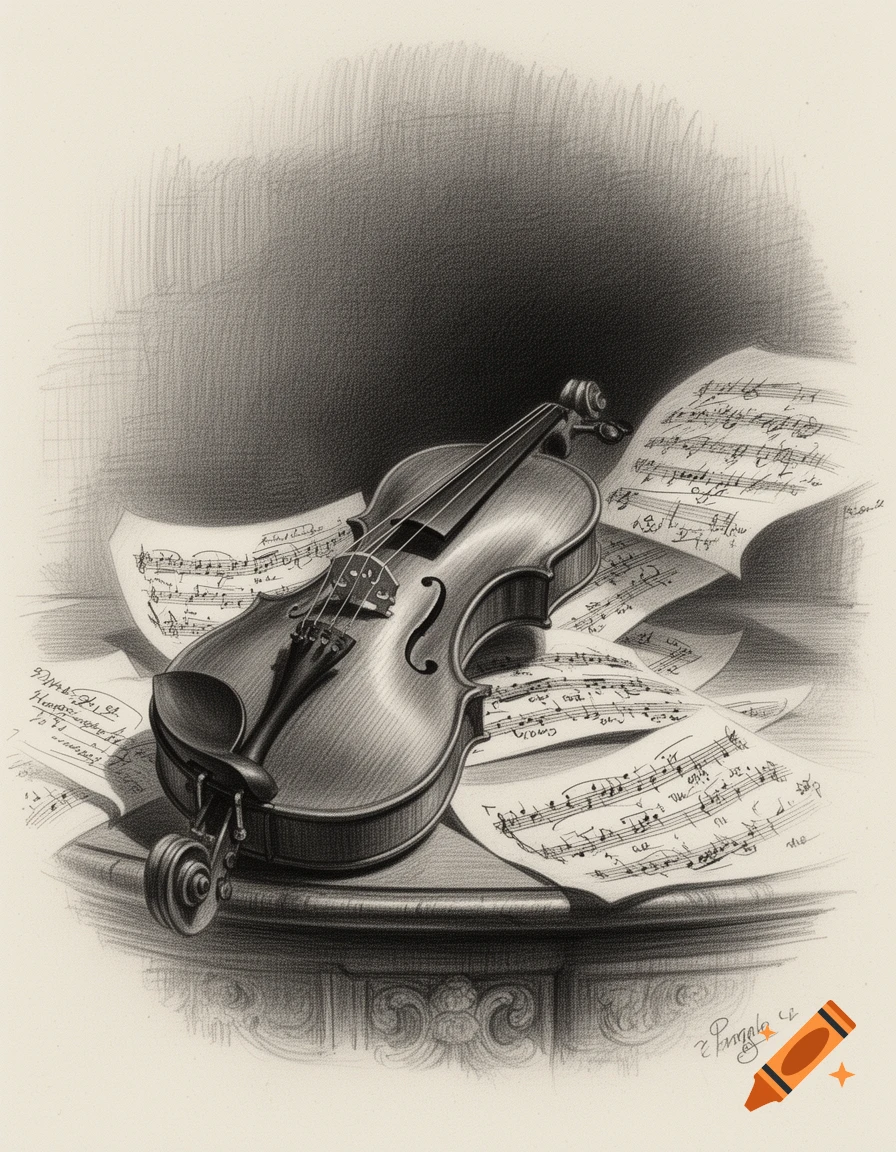 A black and white pencil sketch of a violin resting on a table surrounded by scattered sheet music.