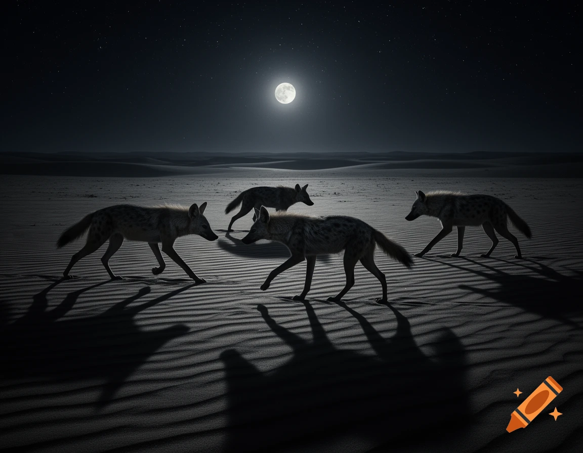 Four hyenas walk across a rippled desert under a bright full moon and starry night sky, casting long shadows.