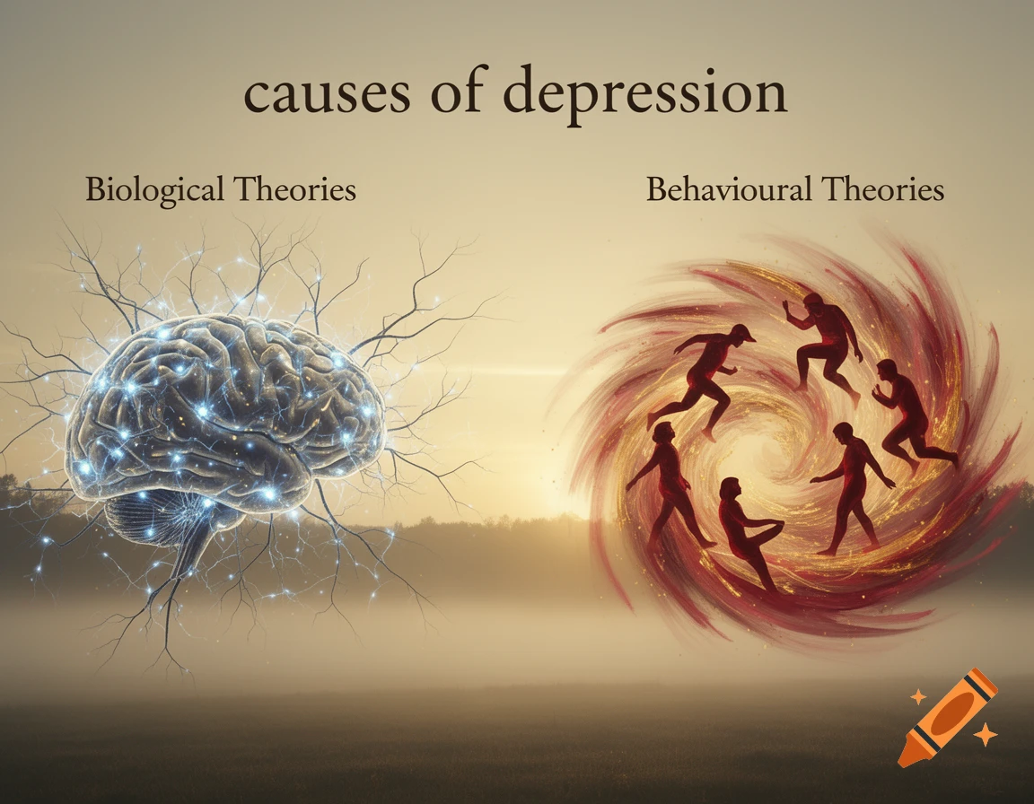 A conceptual image illustrating causes of depression with a glowing brain for biological theories and swirling red figures for behavioural theories, set against a misty sunset background.