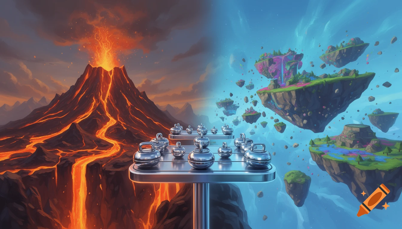Stylized image of a split fantasy landscape: an erupting volcano on the left, floating islands on the right, and curling stones on a central platform.