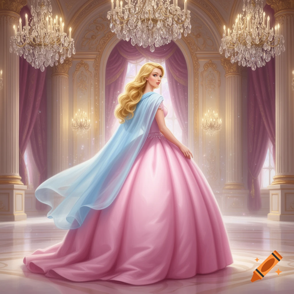 A blonde princess in a flowing pink ball gown and light blue cape stands in a grand ballroom with sparkling chandeliers.
