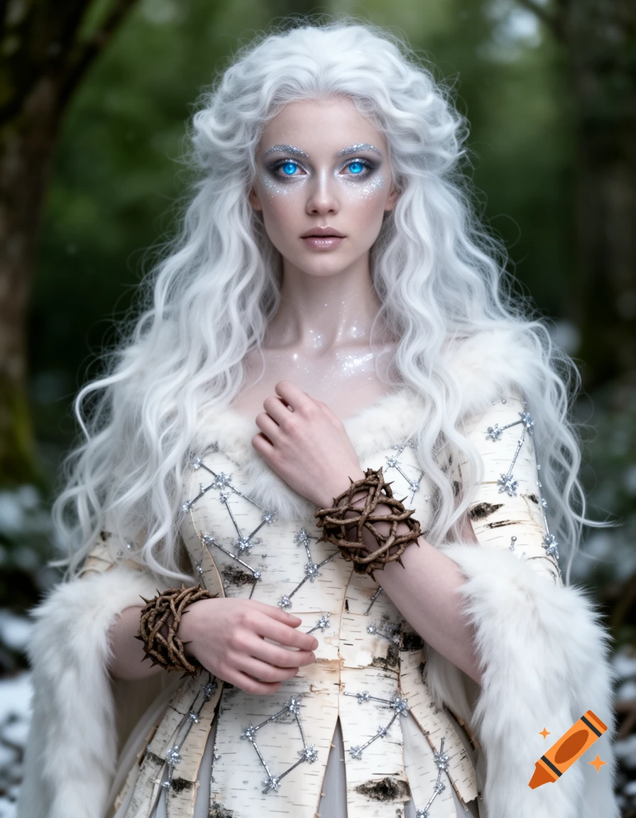 Photorealistic portrait of a fantasy woman with long white hair, glowing blue eyes, wearing a white fur and birch bark dress with thorn bracelets, in a snowy forest.