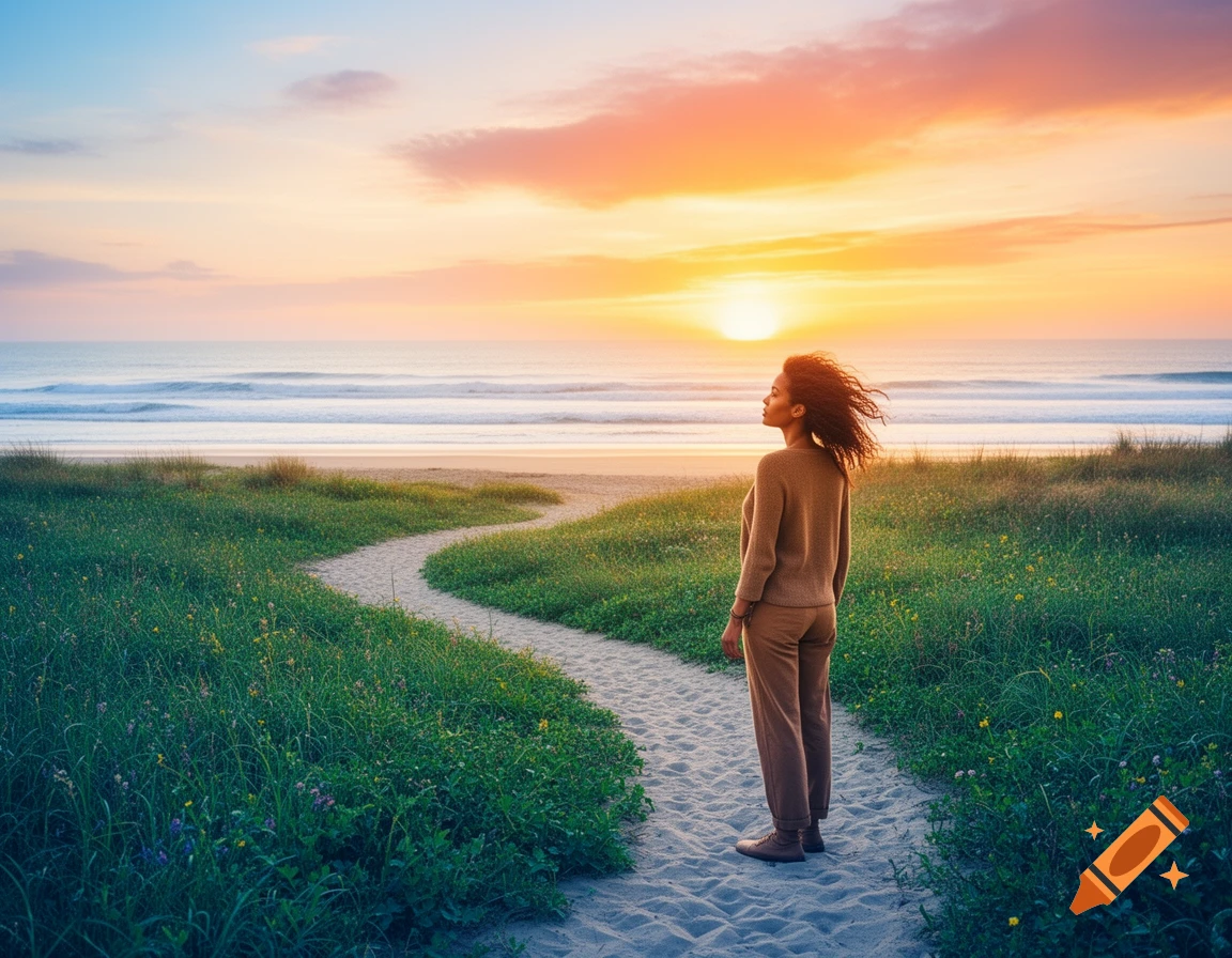 A woman stands on a winding sandy path through green dunes, gazing at a vibrant sunset over the ocean with waves breaking on the shore.
