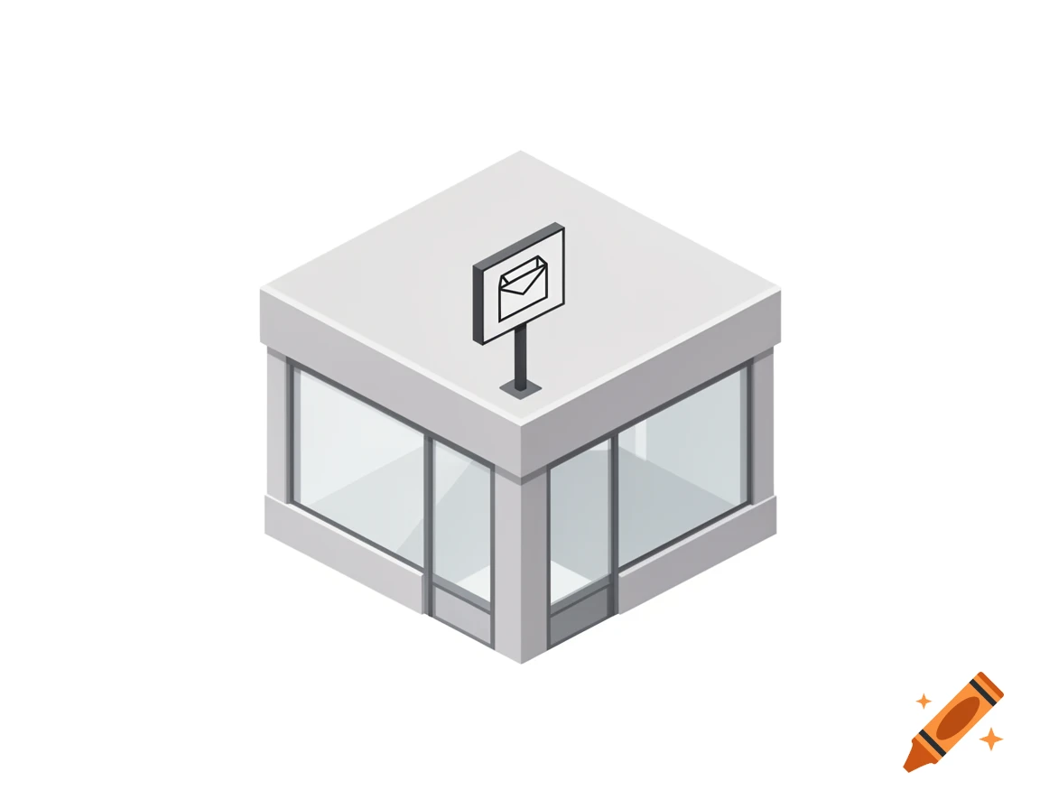 Simple isometric illustration of a grey corner shop with large windows and a sign showing an envelope icon on the roof, set against a white background.
