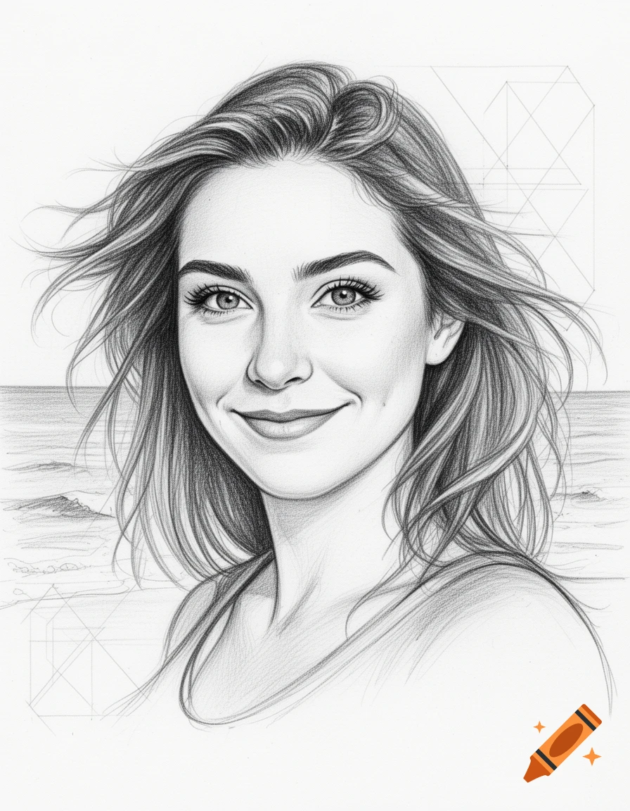 Pencil sketch portrait of a smiling woman with wind-blown hair against a coastal background.