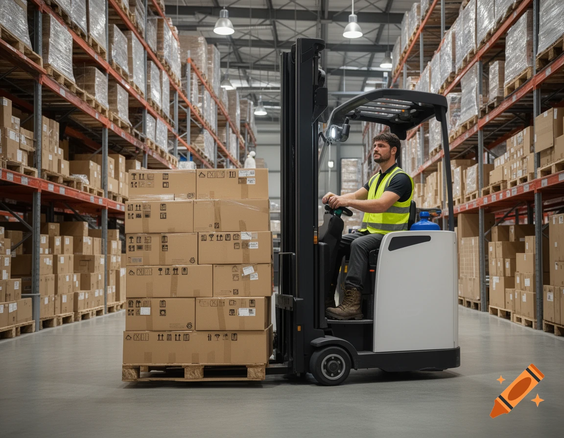 Photorealistic image of a male warehouse worker in a high-vis vest operating a forklift, moving stacked boxes on a pallet down an aisle.