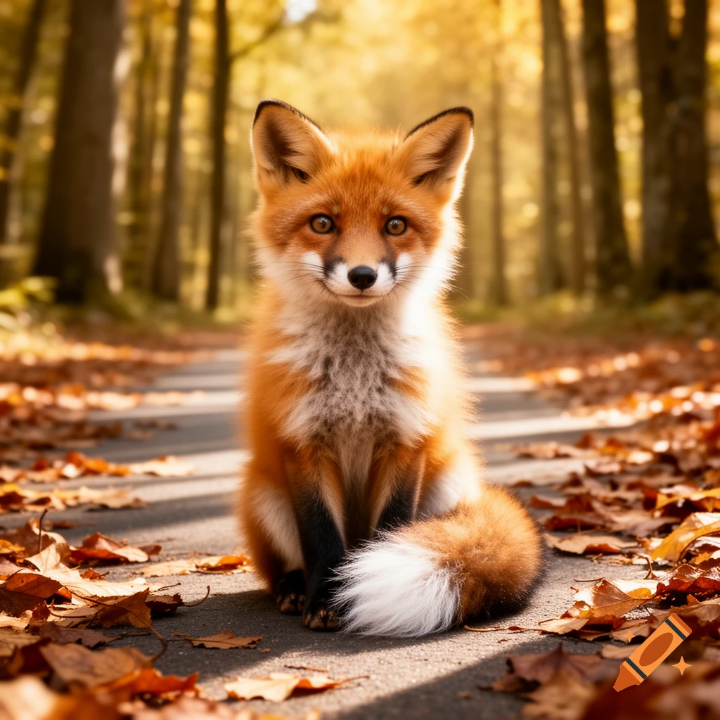 A fluffy, cute fox sits on a leaf-strewn forest path with golden autumn trees in the background, looking at the viewer.