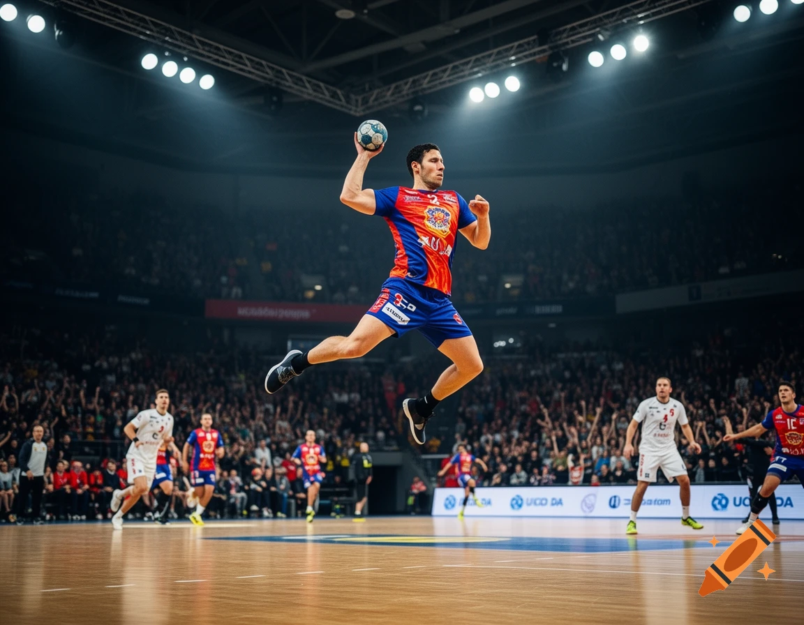 A male handball player in a blue and red jersey jumps to throw the ball on an indoor court during a game.
