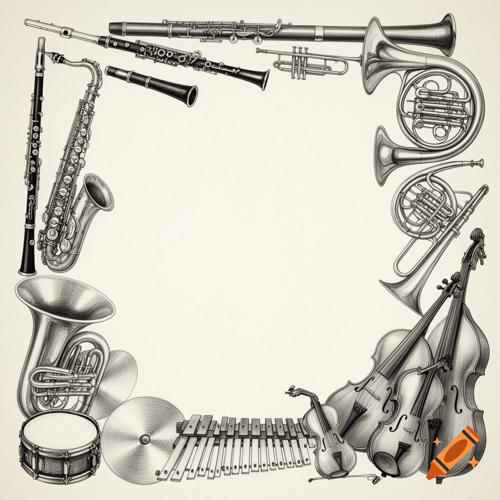 Grayscale pencil sketch border of various musical instruments: flutes, clarinet, saxophone, trumpet, French horn, tuba, strings, drums, and glockenspiel.