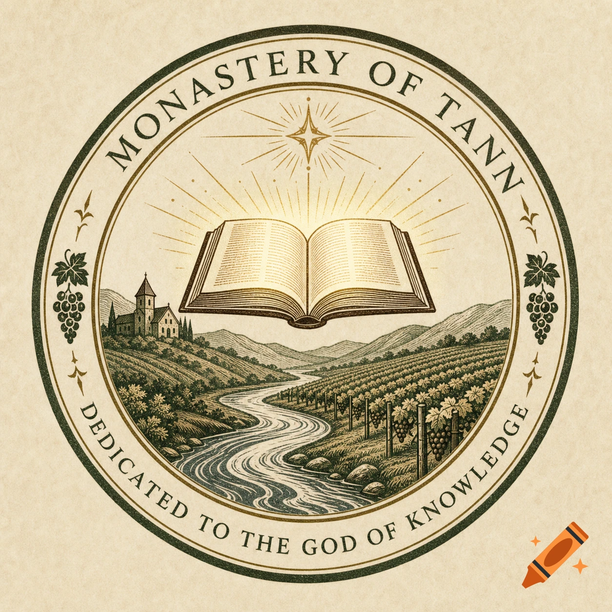 A vintage-style circular seal with text 'MONASTERY OF TANN' and 'DEDICATED TO THE GOD OF KNOWLEDGE', depicting a glowing open book above a monastery, river, and vineyards.